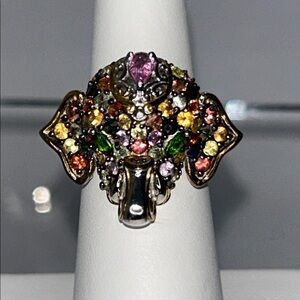 Multi Gemstone Sterling Silver Palladium Designer Elephant Ring W Gold Accents